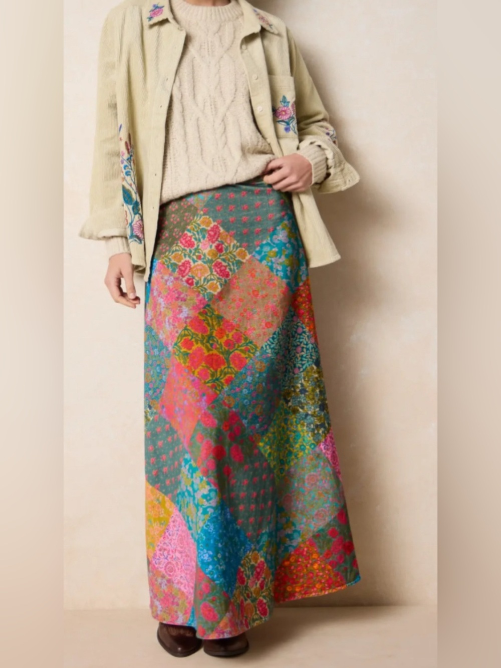 NATURAL LIFE Boho patchwork velvet maxi skirt small NWT